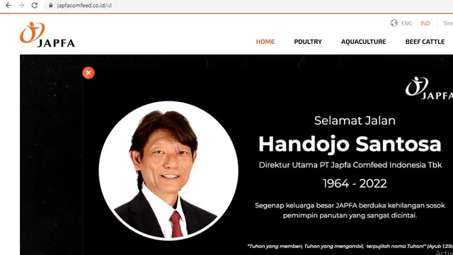 PT Japfa Comfeed Indonesia Tbk mengumumkan kabar duka meninggalnya Direktur Utama Comfeed Indonesia  Handojo Santosa. (Photo dok. https://www.japfacomfeed.co.id)