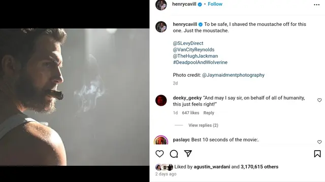 Unggahan Henry Cavill soal cameo di film Deadpool & Wolverine. (Instagram/