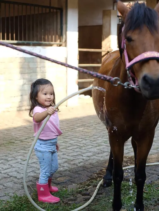 Kuda kesayangan Thalia Putri Onsu ini diberi nama pink. Thalia semakin terlihat lucu dan pintar ketika mengajak pink untuk mandi ya. (Liputan6.com/IG/@thaliaputrionsu)