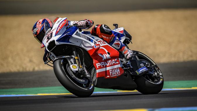 Aksi pembalap Pramac Racing, Danilo Petrucci pada MotoGP Prancis 2018 di Sirkuit Le Mans. (Twitter/Pramac Racing)
