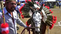 Seekor keledai dihias saat mengikuti National Donkey Fair di Otumba, Meksiko (1/5). Acara tahunan ini diikuti sekitar 7.000 orang. Dalam acara ini peserta membawa keledainya yang dihias dengan berbagai macam atribut. (AFP Photo/Pedro Pardo)