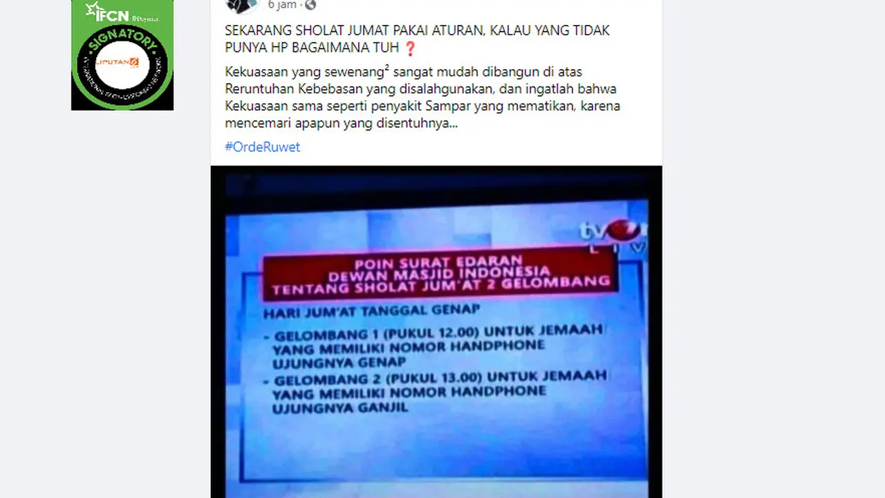 Cek Fakta Liputan6.com menelusuri informasi tentang aturan salat Jumat dua gelombang ganjil genap sudah diterapkan