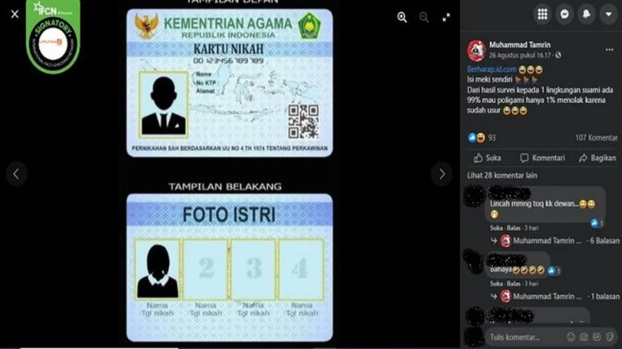 Gambar Tangkapan Layar Foto yang Diklaim Kartu Nikah dengan Empat Kolom Foto Istri (sumber: Facebook).