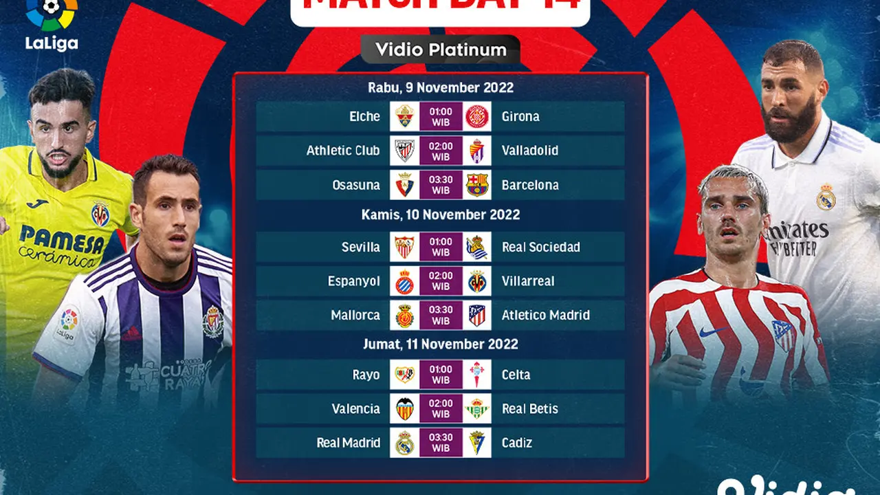 Jadwal dan Live Streaming Liga Spanyol 2022/2023 Matchday 14 di Vidio, 9-11 November 2022