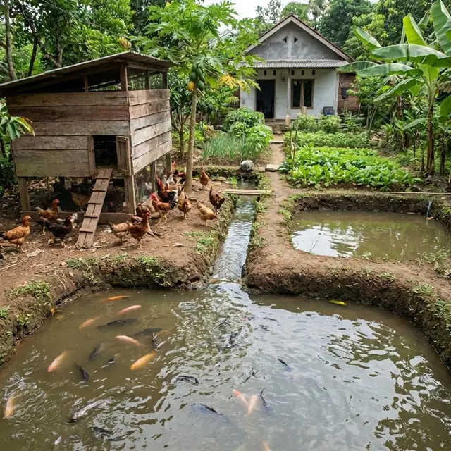 Ilustrasi Kandang Ayam dan Ikan Terpadu di Pekarangan Rumah