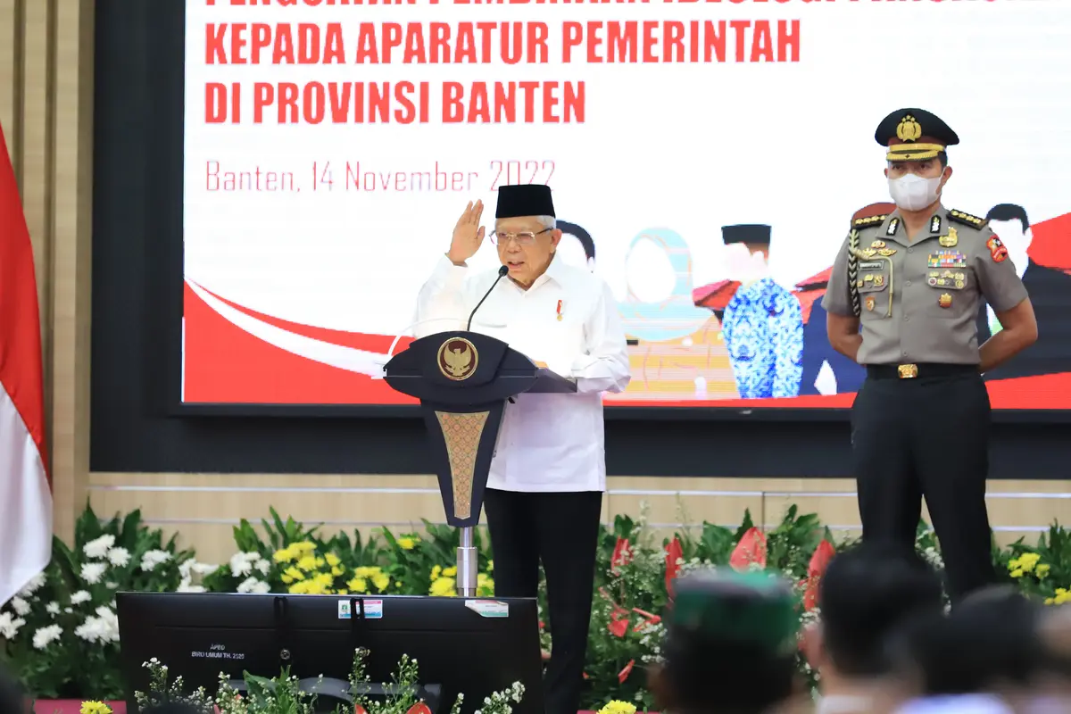 Wakil Presiden Republik Indonesia Ma'ruf Amin saat membuka acara Penguatan Pembinaan Ideologi Pancasila kepada Aparatur Pemerintah Provinsi Banten, senin, (14/11).
