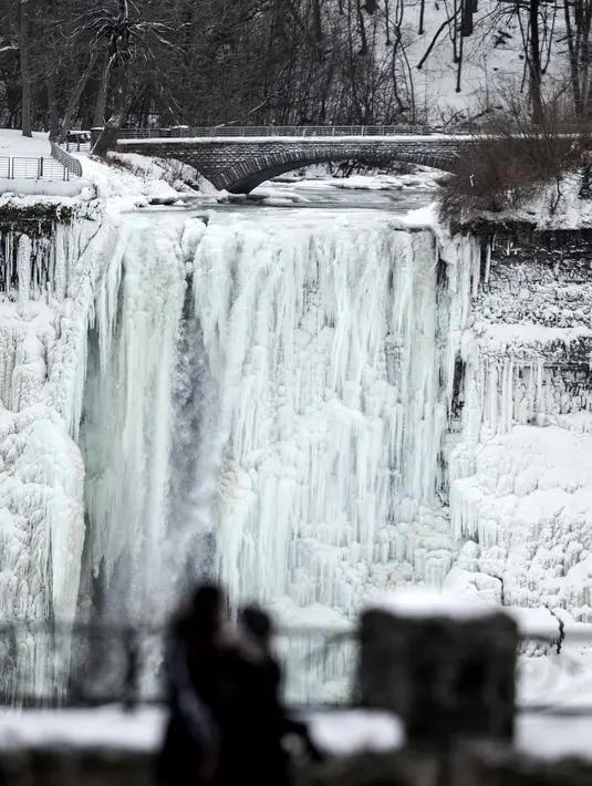 Dua orang turis berjalan di depan Air Terjun Niagara, Ontario, Kanada, Senin (9/1). Amerika utara dan Kanada kini sedang terjadi penurunan temperatur sehingga membuat wilayah tersebut terkena cuaca dingin ekstrem. (Geoff Robins/AFP)