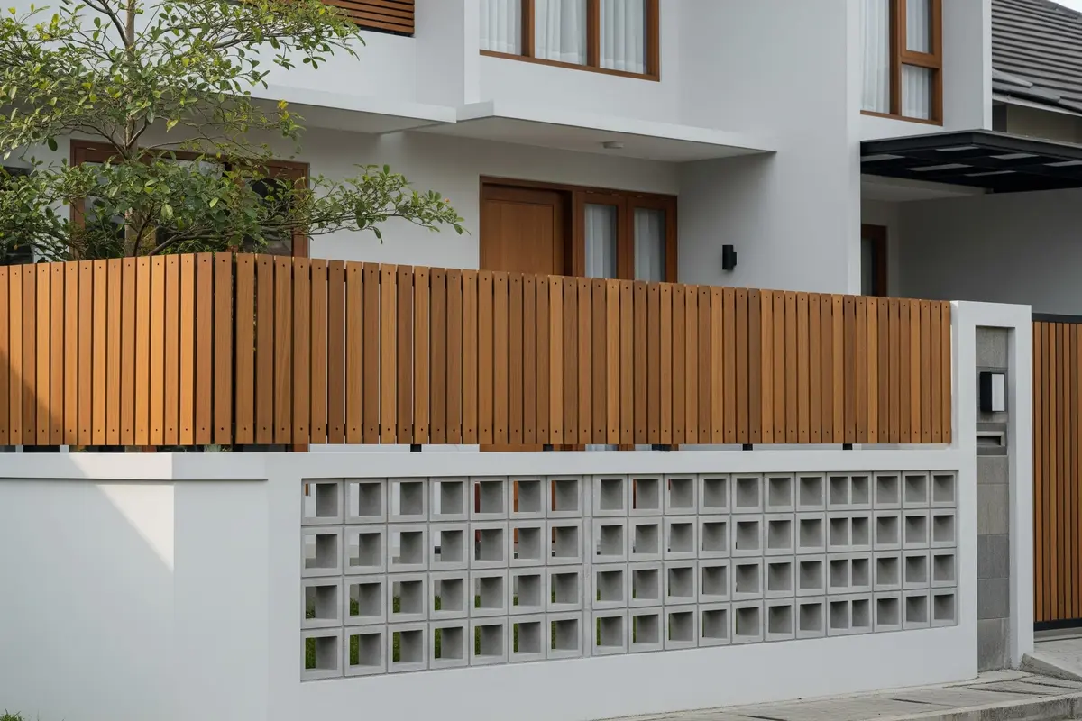 Ide Pagar Rumah Kombinasi Kayu dan Roster