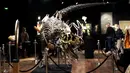 Kerangka dinosaurus Allosaurus dipamerkan di rumah lelang Drouot, Paris, Prancis, Sabtu (10/10/2020). Kerangka dinosaurus yang ditemukan di daerah Johnson, Wyoming, AS, tersebut akan dilelang pada 13 Oktober 2020 dan diperkirakan harganya antara 1-1,2 juta euro. (AP Photo/Thibault Camus)