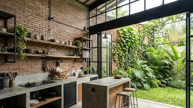 Dapur Semi Terbuka Gaya Industrial dengan Taman Samping