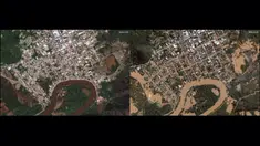 Kombinasi gambar yang dibuat pada 7 Mei 2024 dan dibuat dengan gambar satelit milik Maxar Technologies menunjukkan sebelum (kiri) dan sesudah (kanan) banjir yang melanda lingkungan yang terletak di tepi sungai Cai di Montenegro, negara bagian Rio Grande do Sul , Brasil. (Handout / Satellite image ©2024 Maxar Technologies / AFP)