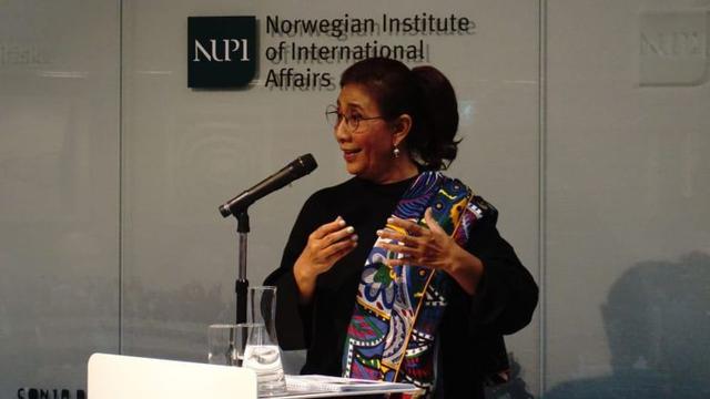 Menteri Kelautan dan Perikanan Susi Pudjiastuti memberi kuliah umum di Norwegian Institute of International Affairs (NUPI). (Dok KKP)