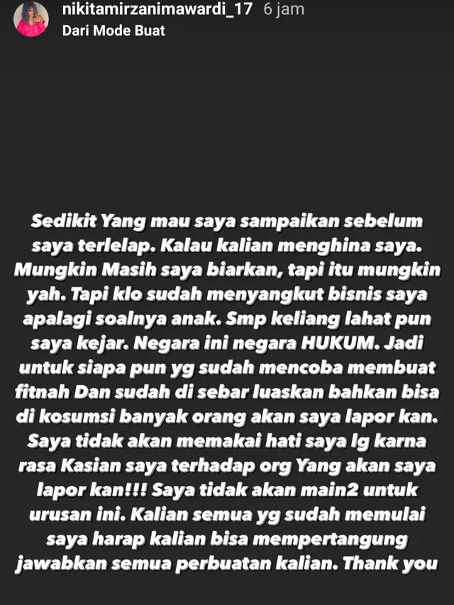 Unggahan Nikita Mirzani. (Foto: Instagram @nikitamirzanimawardi_17)