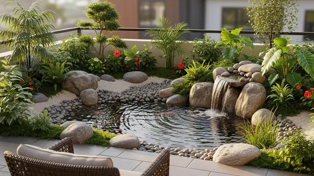 Ide Taman Batu Kering dengan Kolam Ikan Kecil di Teras Rumah/AI Generated