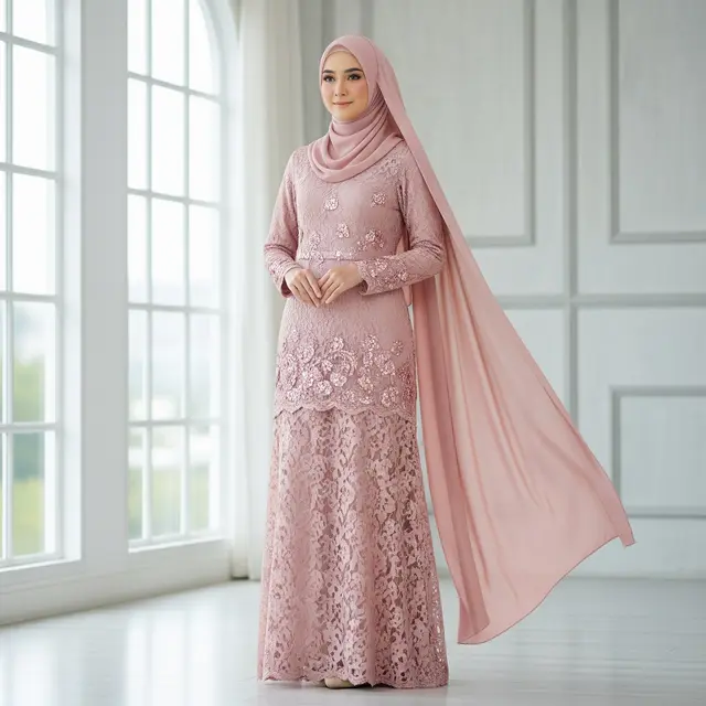 9 Model Gamis Brokat Modern dengan Hijab Pashmina, Tampil Anggun dan Kekinian
