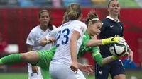 PIALA DUNIA WANITA 2015 - Kiper Inggris, Karen Bardsley menghentikan serangan Prancis dalam pertandingan Piala Dunia Wanita di Moncton, New Brunswick, Selasa 9 Juni 2015. (Andrew Vaughan / The Canadian Press via AP)