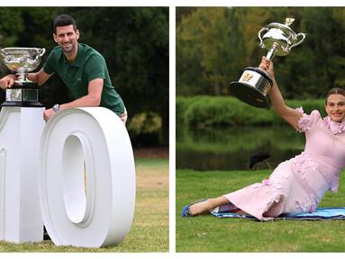 Foto Kolase: Petenis Serbia, Novak Djokovic dan petenis Belarusia, Aryna Sabalenka berpose dengan trofi setelah memenangkan ajang Australia Open 2023. Djokovic menang atas petenis Yunani, Stefanos Tsitsipas dengan skor 6-3, 7-6(7-4), 7-6(7-5) pada Minggu (29/01/2023). Sementara Sabalenka berhasil mengalahkan petenis Khazakstan, Elena Rybakina dengan skor 4-6, 6-3, 6-4 pada Sabtu (28/01/2023). (AFP/William West dan AFP/Martin Keep)
