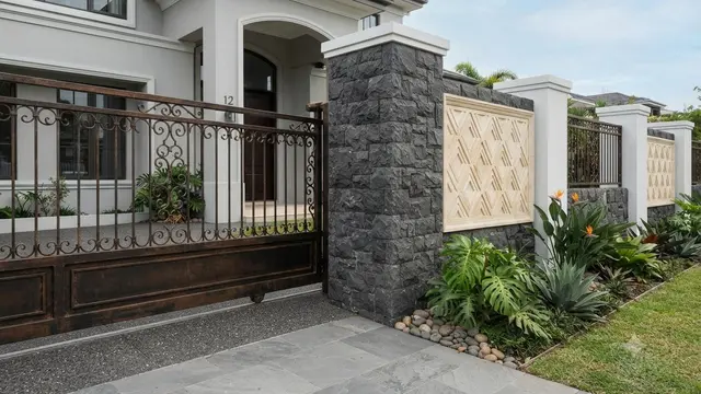 Kombinasi Pagar Geser dan Batu Alam Fasad Minimalis Terlihat Lebih Premium