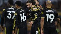 Selebrasi pemain MU usia mengalahkan Wolves di ajang Liga Inggris. (Darren Staples / AFP)