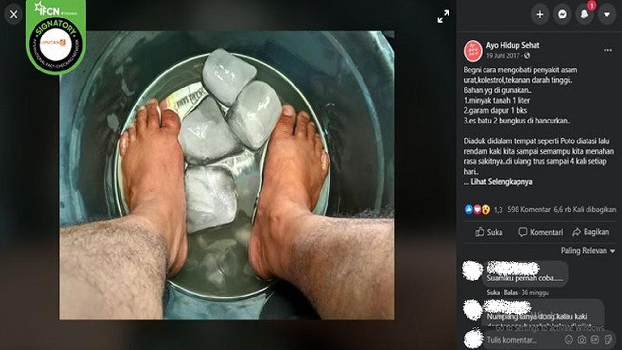 Gambar Tangkapan Layar Klaim Merendam Kaki dengan Minyak Tanah, Garam, dan Es Bisa Sembuhkan Asam Urat (sumber: Facebook)