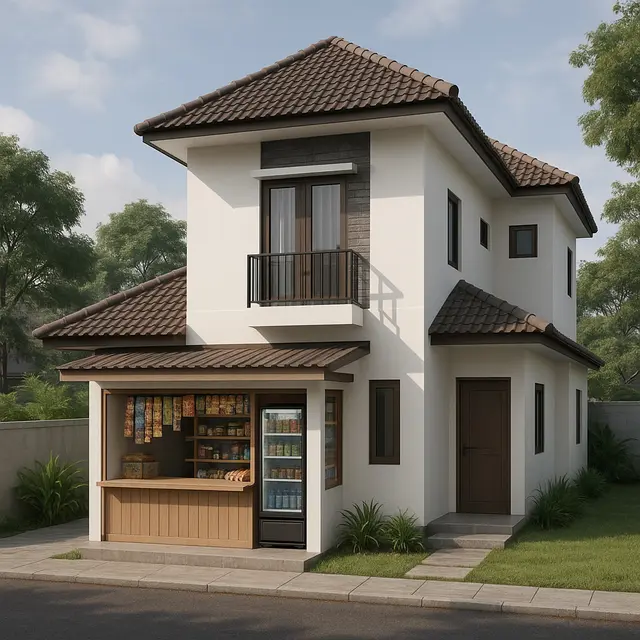 Desain Rumah L-Shape dengan Warung Kecil di Depan