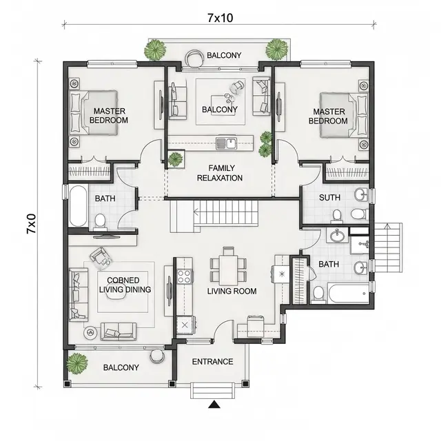 Inspirasi Denah Rumah Ukuran 7x10 Kamar 2 Sederhana. Foto: Gemini