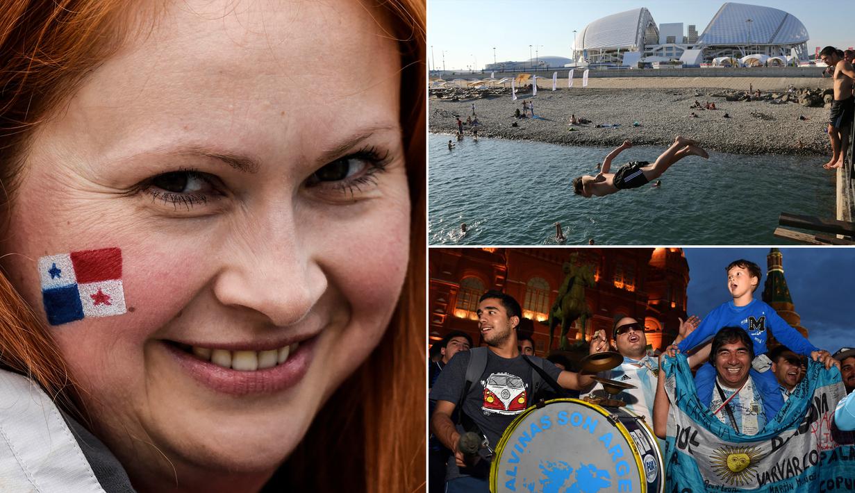 Sejumlah suporter negera-negara peserta Piala Dunia 2018 mulai datang ke Rusia untuk memberikan dukungan. Kemeriahan para fans kian terasa mewarnai tiap sudut di Negeri Tirai Besi. (Kolase foto-foto dari AP dan AFP)