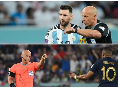 Foto kolase wasit asal Polandia, Szymon Marciniak saat memimpin pertandingan Argentina melawan Australia di babak 16 besar Piala Dunia 2022 (atas). Dan memberikan peringatan kepada Kylian Mbappe saat Prancis bertemu Polandia di grup D Piala Dunia 2022. (AP Photo/Jorge Saenz, AFP/Natalia Kolesnikova)
