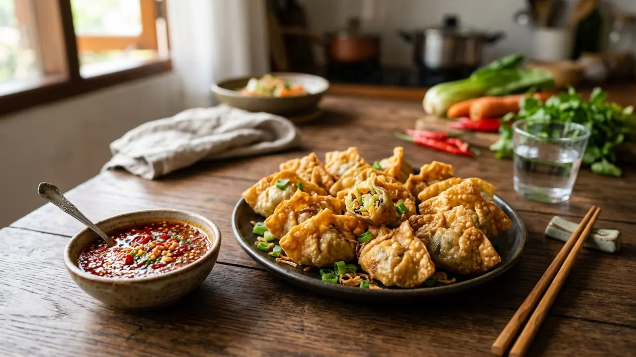 Resep Pangsit Goreng Isi Sayur dengan Saus Cocolan Pedas
