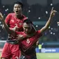 Gelandang Timnas Indonesia, Muhammad Hargianto, merayakan gol yang dicetaknya ke gawang Taiwan pada laga Grup A Asian Games di Stadion Patriot, Jawa Barat, Minggu (12/8/2018). Indonesia menang 4-0 atas Taiwan. (Bola.com/Vitalis Yogi Trisna)