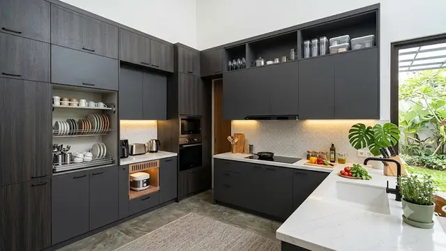 Kitchen Set Modern dengan Kabinet Tinggi hingga Plafon