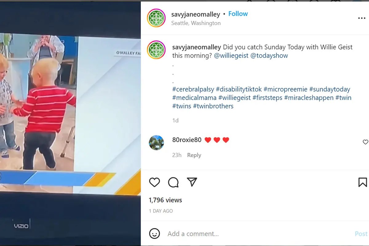 Keakraban balita kembar yang saudara kembarnya tersebut didiagnosis cerebral palsy. Foto: screencapture ig @savyjaneomalley
