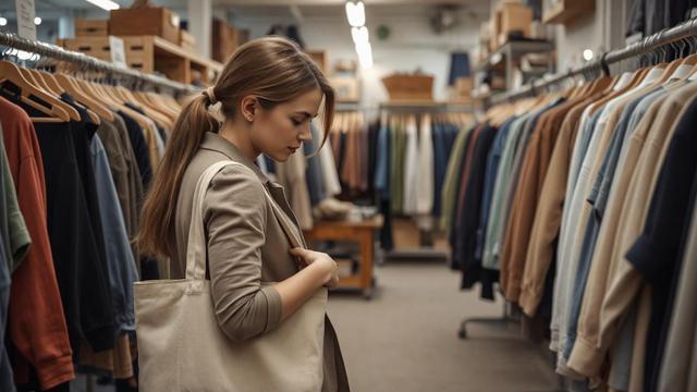Ilustrasi wanita muda berbelanja di toko barang bekas, dengan hati-hati memeriksa jaket bekas. Membeli baju bekas atau sering disebut thrift bisa menjadi salah satu contoh penerapan hidup frugal Living. (Foto by AI)