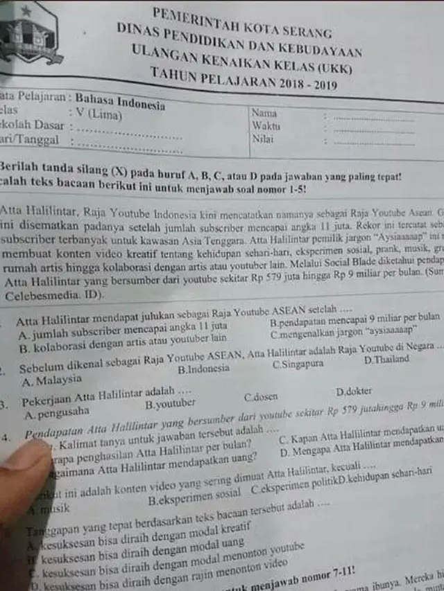 Nama Atta Halilintar Jadi Soal Ujian Kenaikan Kelas di Serang, Bikin Heboh