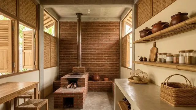 Dapur Tungku dengan Sentuhan Bambu dan Anyaman Tradisional