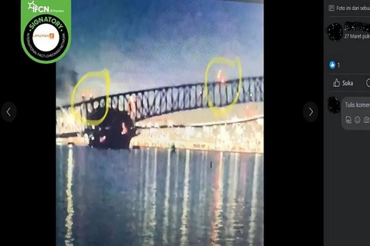 Gambar tangkapan layar klaim Jembatan Francis Scott Key di Baltimore, Amerika Serikat ambruk karena ledakan dinamit. (Sumber: Facebook)