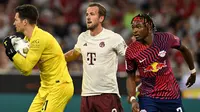 Pemain Bayern Munchen, Harry Kane (tengah) saat laga Piala Super Jerman 2023 melawan RB Leipzig di Allianz Arena, Munchen, Jerman, Minggu (13/08/2023) dini hari WIB. (AFP/Christof Stache)