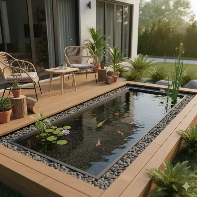 Kolam Ikan Mini Kayu di Teras Rumah