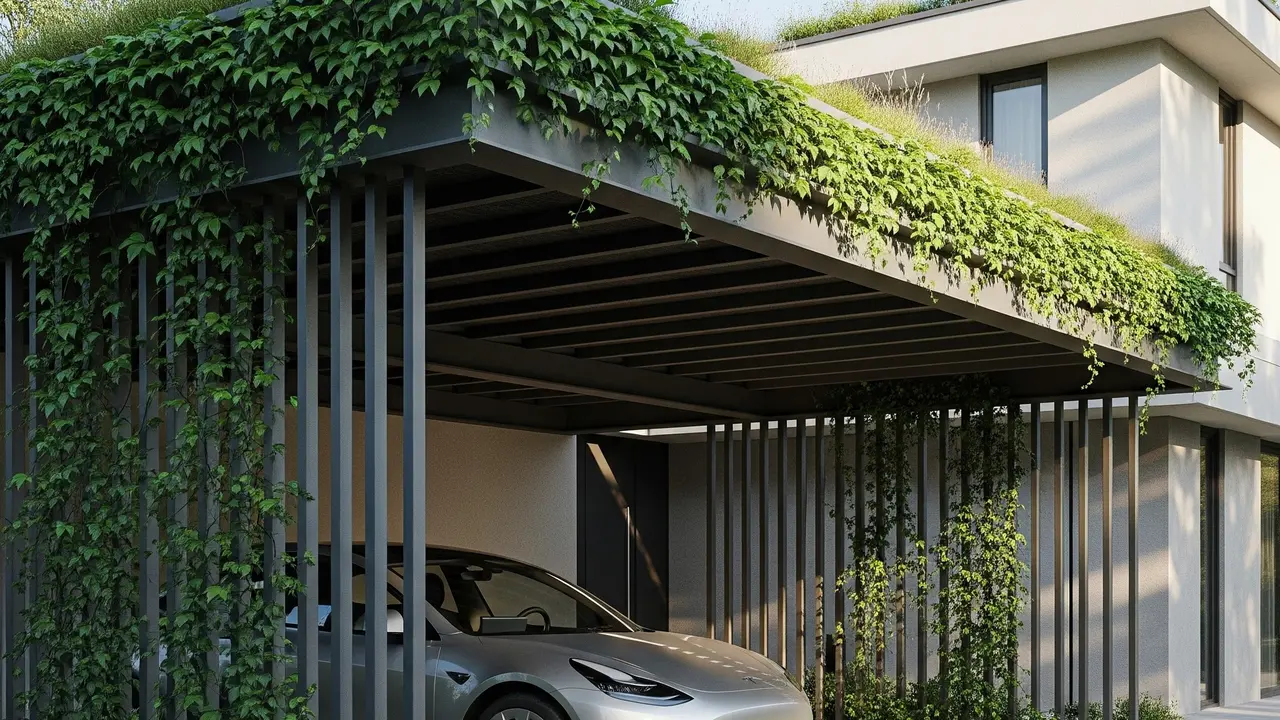 Desain Carport Minimalis dengan Tanaman Pembatas (Image by Gemini AI)