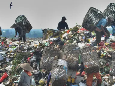 Warga bersama-sama mencari sampah plastik  yang akan dijual sebagai bahan daur ulang di  Tempat Pembuangan Akhir (TPA) Galuga, Bogor (20/5). Indonesia memproduksi sampah plastik sebanyak 175.000 ton per hari.  (Merdeka.com/Arie Basuki)