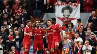 Pemain Liverpool merayakan gol yang dicetak oleh Mohamed Salah ke gawang Brentford pada laga lanjutan Liga Inggris 2024/2025 di Anfield, Liverpool, Inggris, Minggu (25/08/2024) malam WIB. (AFP/Darren Stapless)