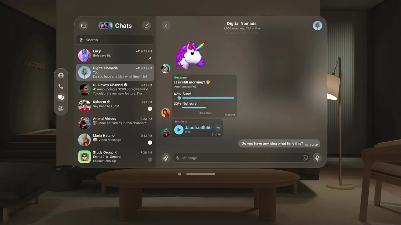 Tampilan aplikasi Telegram untuk VisionOS di Apple Vision Pro (Telegram Pavel Durov)