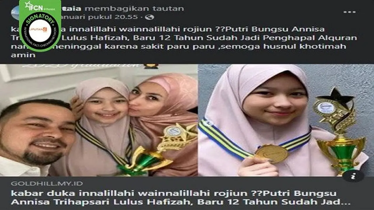 Gambar Tangkapan Layar Kabar Hoaks Putri Artis Annisa Trihapsari Meninggal Dunia karena Sakit Paru-paru (sumber: Facebook).