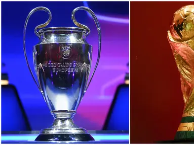 Trofi Liga Champions dan Piala Dunia merupakan dua gelar bergengsi di pentas sepak bola dunia. Kedua trofi tersebut merupakan kebanggaan bagi pesepak bola profesional yang bermain di klub liga top eropa dan juga tim nasional. (Kolase AFP)