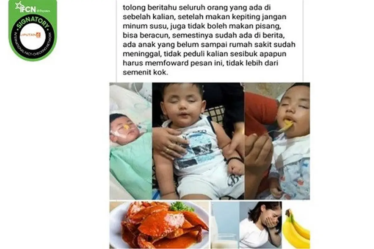 Gambar Tangkapan Layar Klaim Makan Kepiting dan Minum Susu Bersamaan Berbahaya.