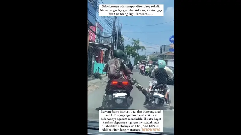 Video viral oknum tentara tengah menendang motor emak-emak yang bonceng anak kecil (Foto: Screenshot video viral).