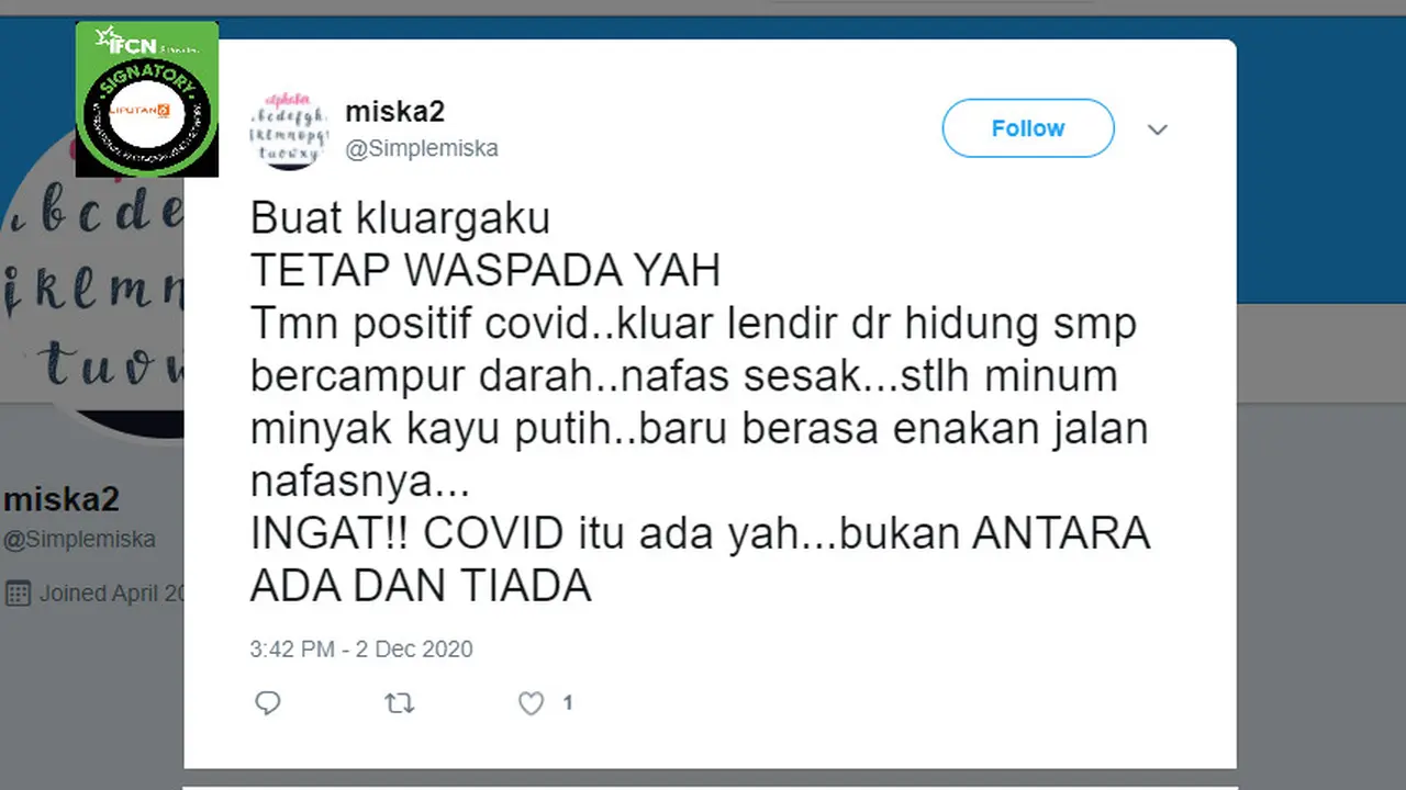 Cek Fakta Liputan6.com menelusuri klaim meminum minyak kayu putih bisa melancarkan napas pasien Covid-19