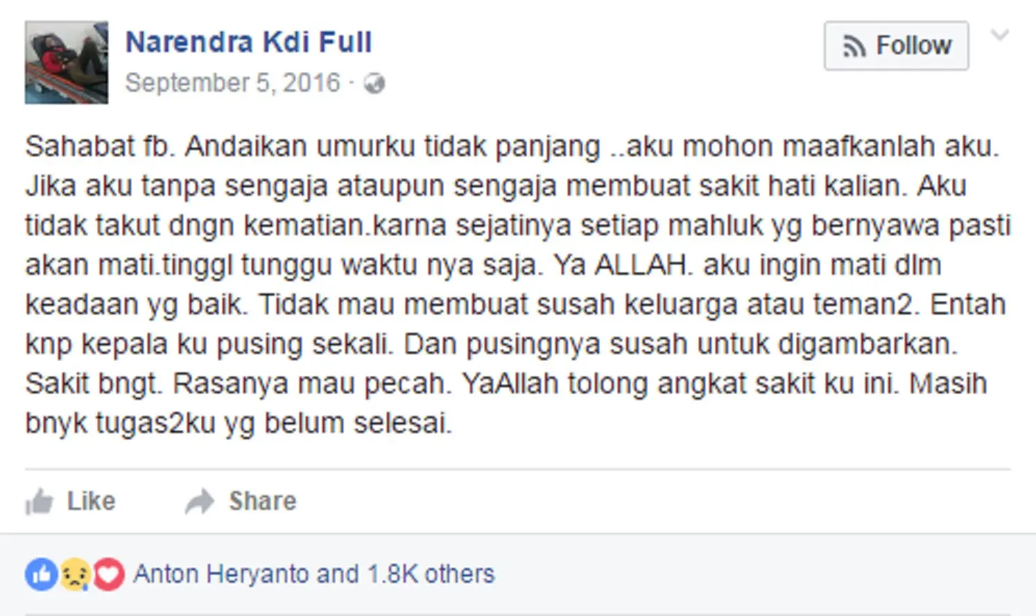 Postingan Narendra KDI sebelum meninggal. (Facebook Narendra KDI)