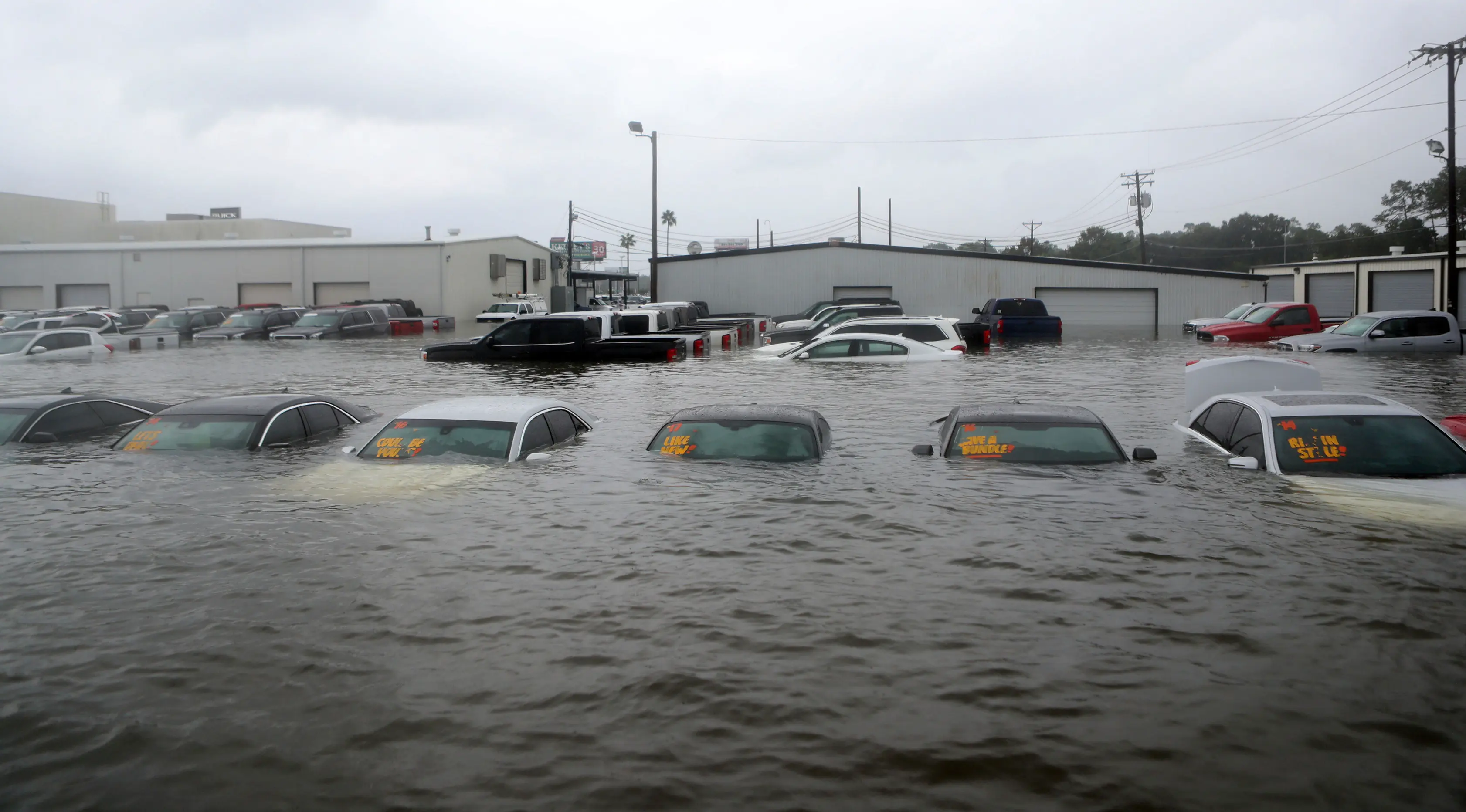 Sejumlah mobil terendam banjir di sebuah dealer setelah badai Harvey menerjang di Dickinson, Texas, Minggu (27/8). Badai Harvey menghantam Texas pada Jumat malam dengan hujan deras dan angin berkecepatan 215 kilometer per jam. (AP Photo)