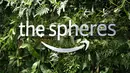 Logo The Spheres pada pembukaan kantor baru Amazan tersebut di Seattle, Amerika Serikat, Senin (29/1). The Spheres didesain oleh kantor arsitek NBBJ dan akan menjadi bagian tur kampus Amazon. (JASON REDMOND / AFP)